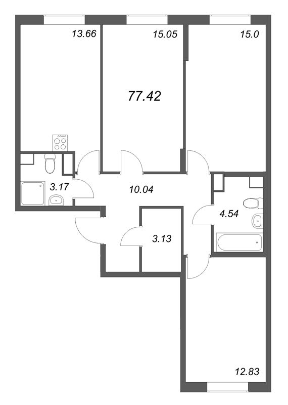 3-комнатная квартира, 77.42 м² в ЖК "Кинопарк" - планировка, фото №1