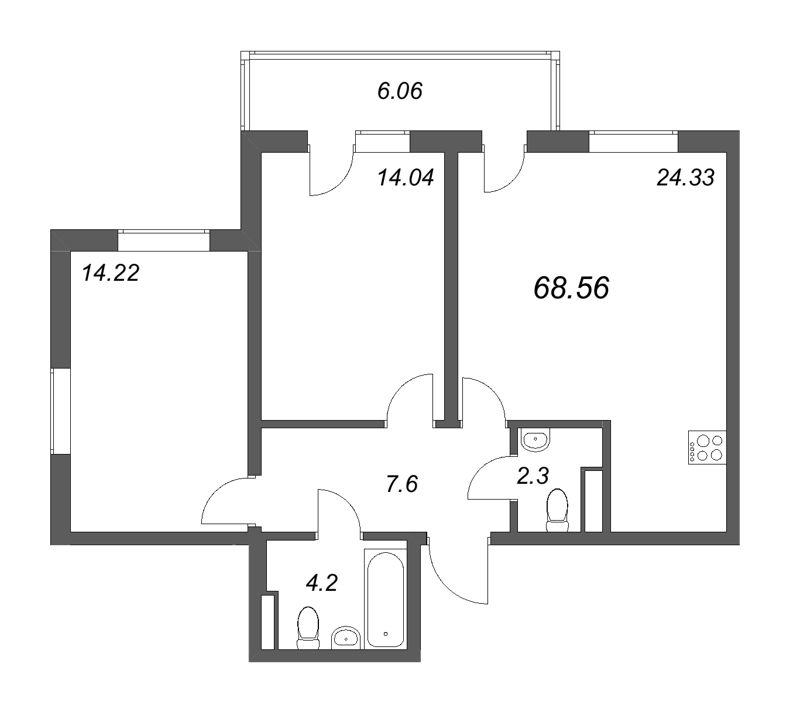 3-комнатная (Евро) квартира, 68.56 м² - планировка, фото №1