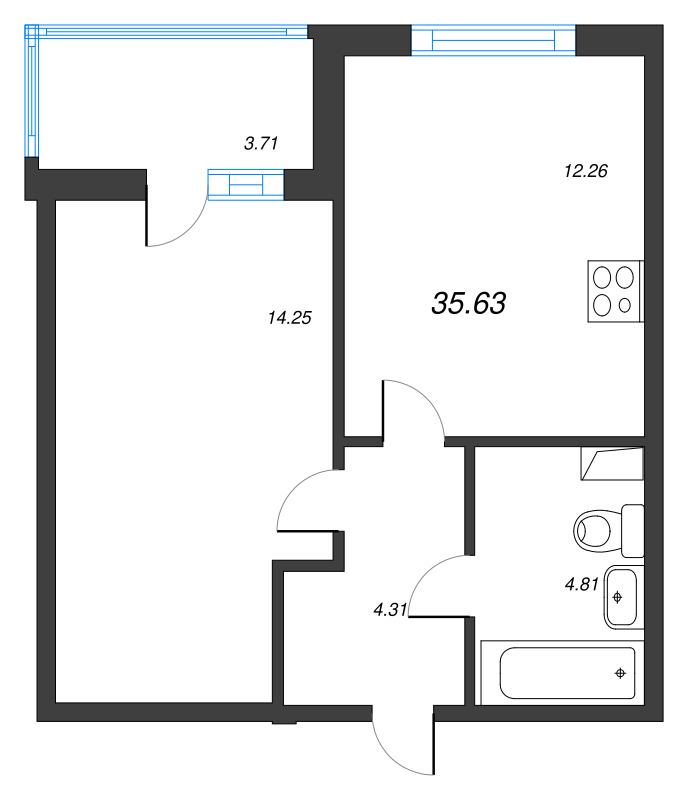 1-комнатная квартира, 35.63 м² в ЖК "Ясно.Янино" - планировка, фото №1