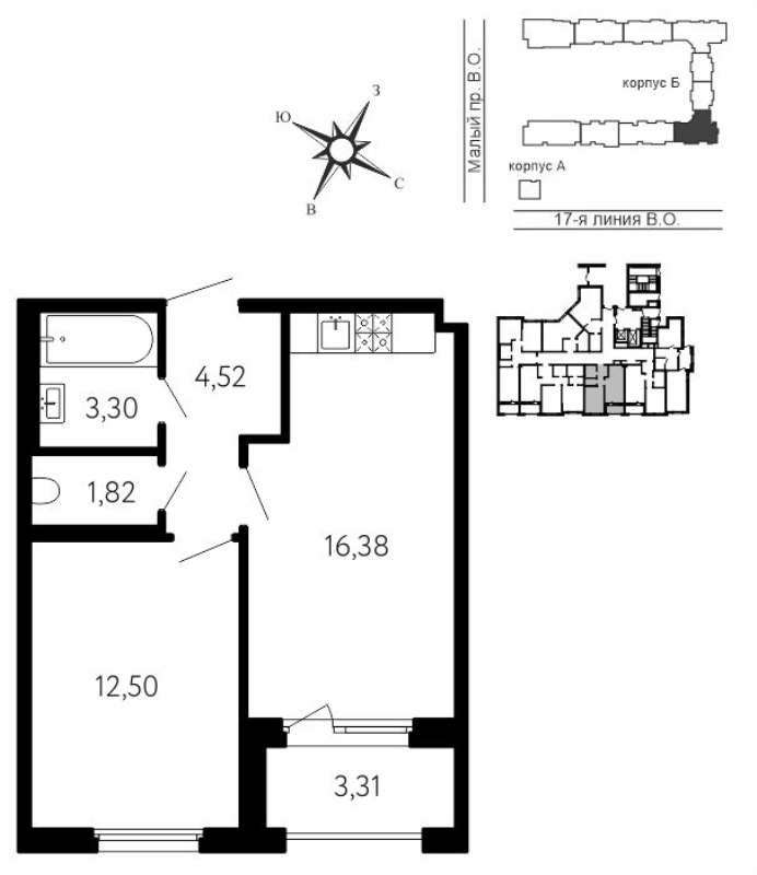 2-комнатная (Евро) квартира, 40.18 м² в ЖК "17-я линия" - планировка, фото №1