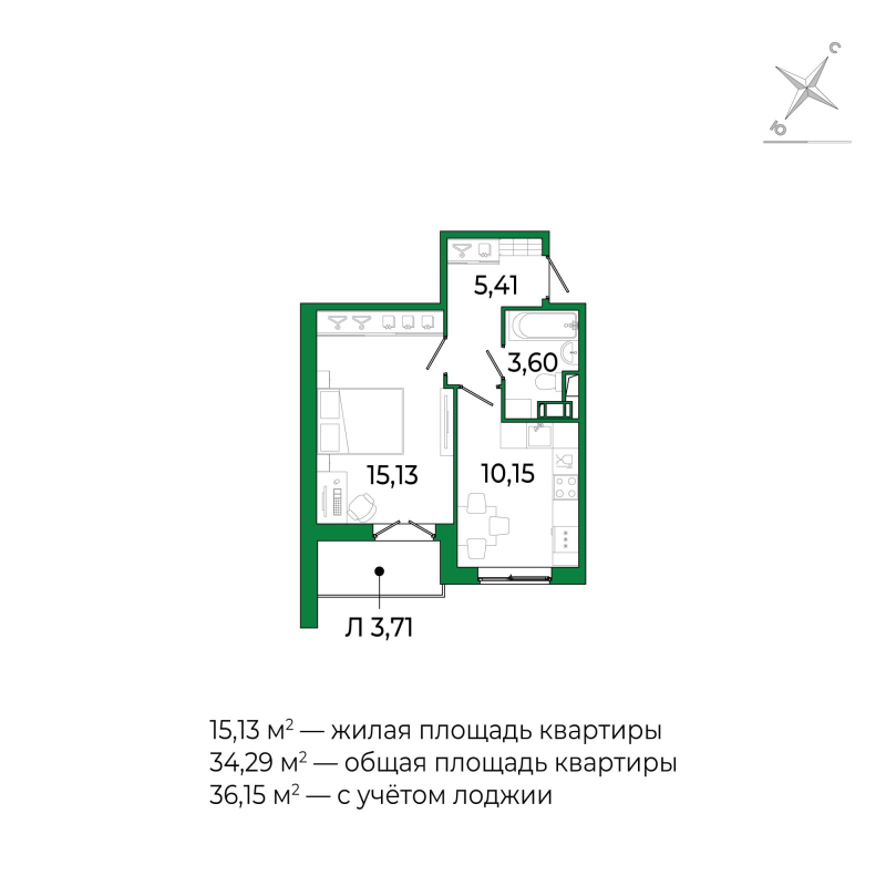 1-комнатная квартира, 36.15 м² в ЖК "Сертолово Парк" - планировка, фото №1