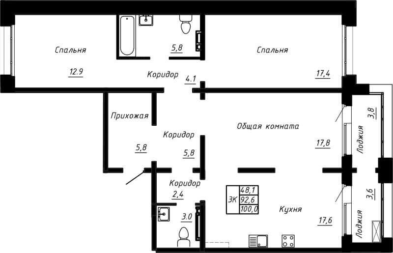 4-комнатная (Евро) квартира, 100 м² в ЖК "Сибирь" - планировка, фото №1
