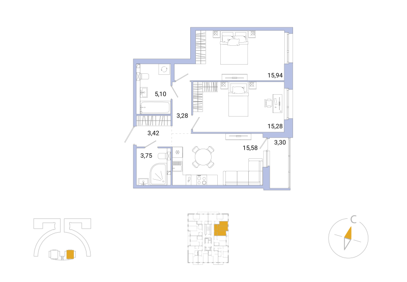 3-комнатная (Евро) квартира, 64 м² - планировка, фото №1