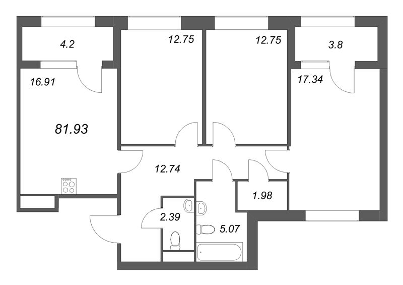 4-комнатная (Евро) квартира, 81.93 м² в ЖК "Дом на Курской" - планировка, фото №1