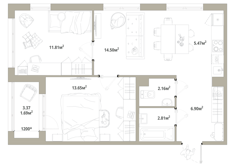 3-комнатная (Евро) квартира, 58.99 м² в ЖК "Тишин" - планировка, фото №1