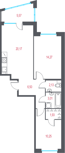 3-комнатная (Евро) квартира, 59.93 м² - планировка, фото №1