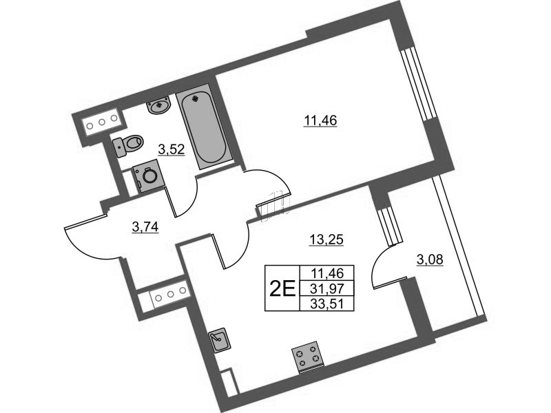 2-комнатная (Евро) квартира, 33.51 м² - планировка, фото №1