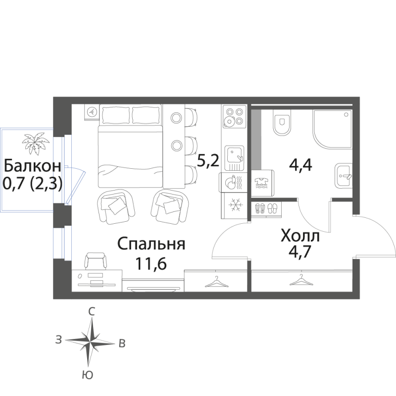 Квартира-студия, 26.6 м² в ЖК "Экография" - планировка, фото №1