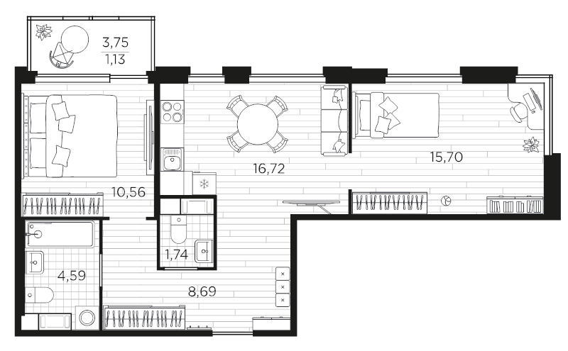 3-комнатная (Евро) квартира, 59.13 м² - планировка, фото №1