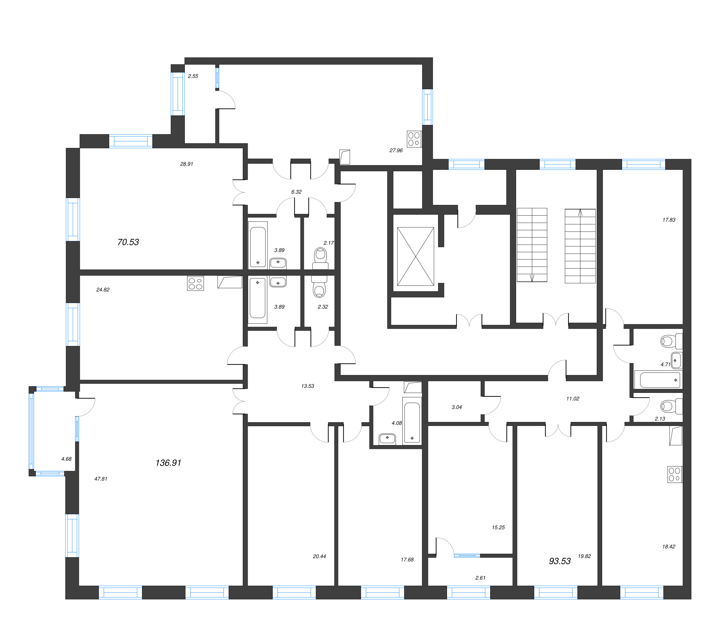 4-комнатная (Евро) квартира, 93.4 м² - планировка этажа
