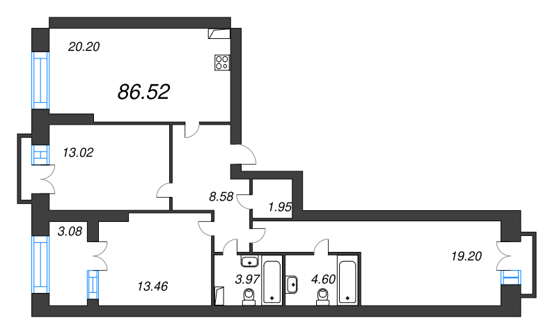 4-комнатная (Евро) квартира, 91.7 м² - планировка, фото №1