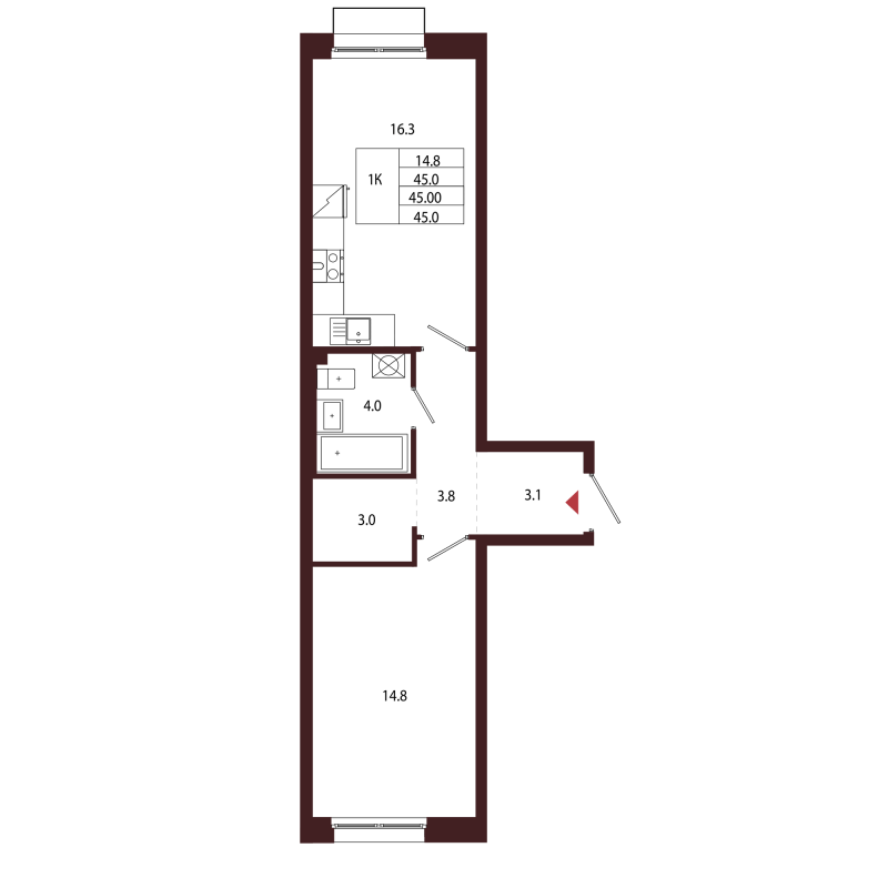 2-комнатная (Евро) квартира, 45 м² в ЖК "Лисино" - планировка, фото №1