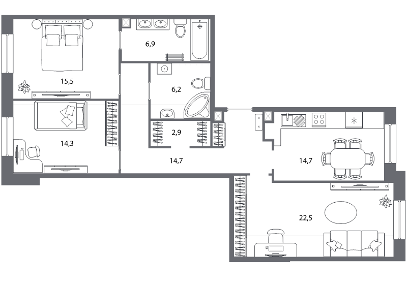 3-комнатная квартира, 97.7 м² - планировка, фото №1