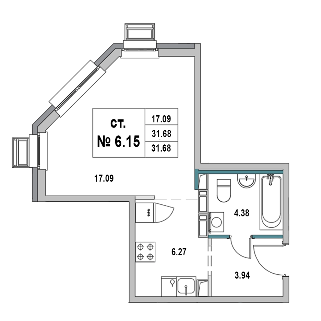 Квартира-студия, 31.68 м² в ЖК "Новый Город" - планировка, фото №1