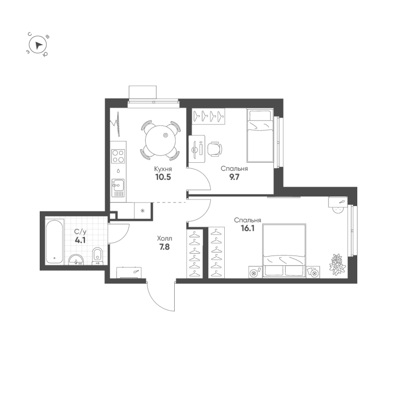 2-комнатная квартира, 48.2 м² в ЖК "Ягодное Река Парк" - планировка, фото №1