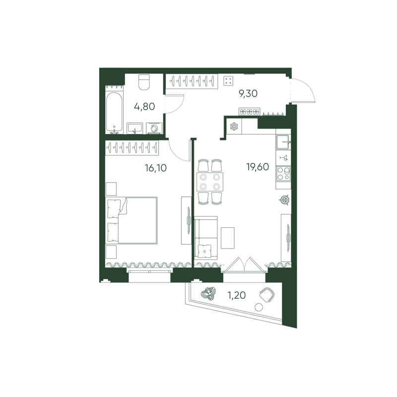 2-комнатная (Евро) квартира, 51 м² в ЖК "Моисеенко 10" - планировка, фото №1