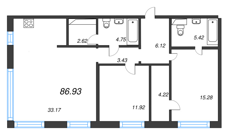 3-комнатная (Евро) квартира, 87.7 м² в ЖК "Черная речка, 41" - планировка, фото №1