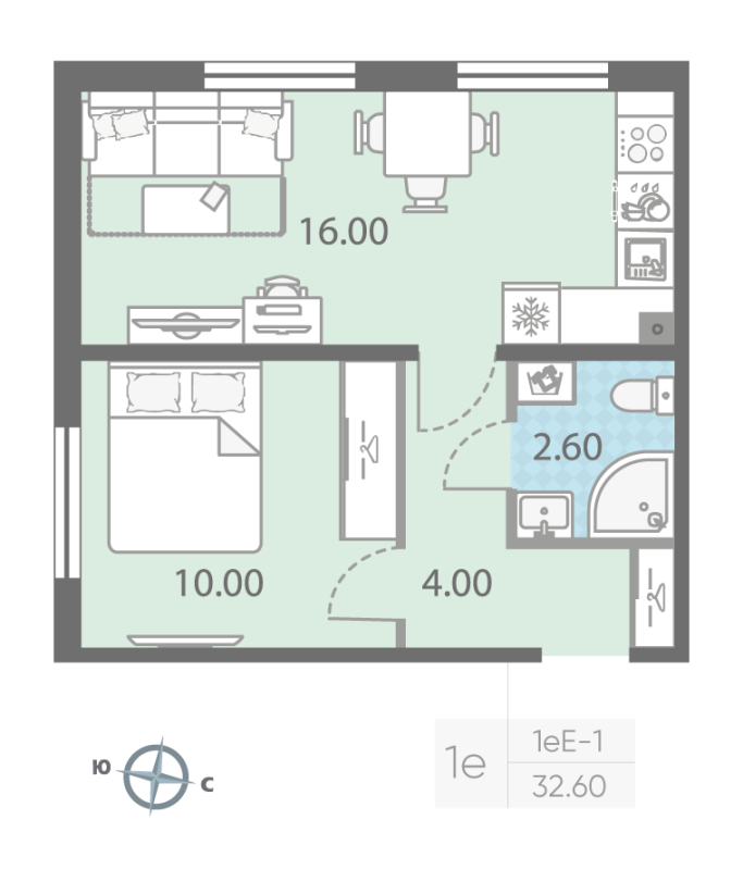 1-комнатная квартира, 32.6 м² - планировка, фото №1