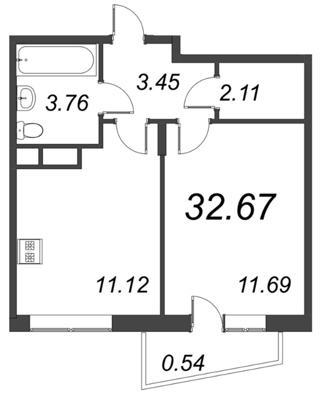 1-комнатная квартира, 32.67 м² в ЖК "VEREN NORT сертолово" - планировка, фото №1