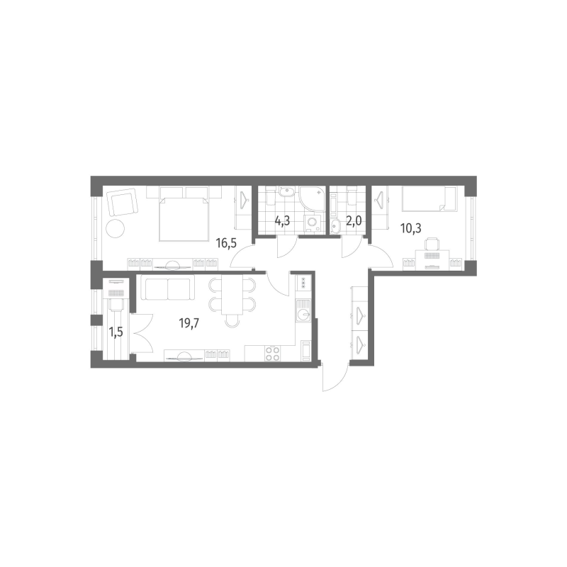 3-комнатная (Евро) квартира, 65.1 м² в ЖК "NewПитер 2.0" - планировка, фото №1
