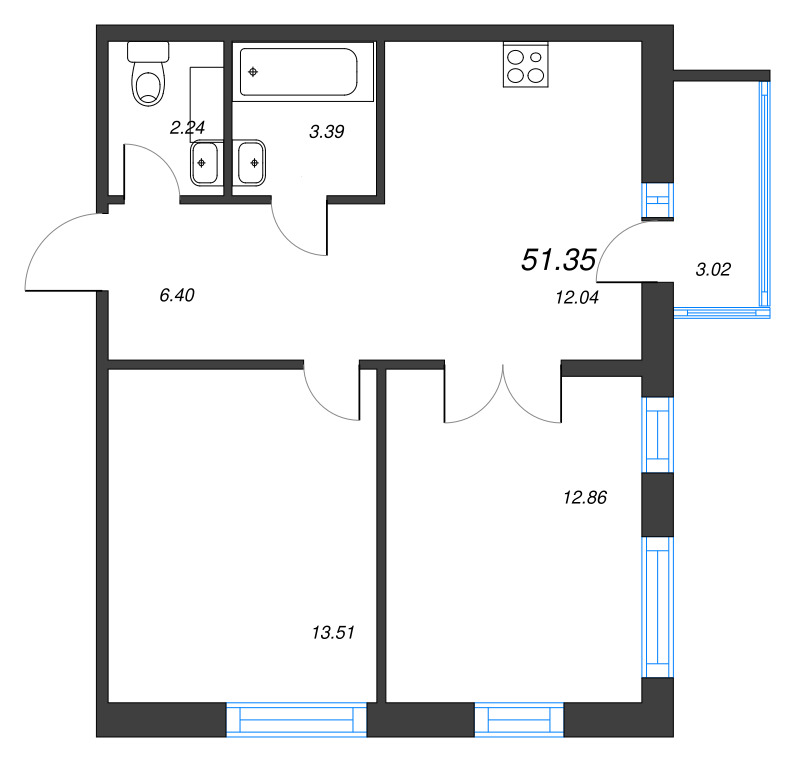 2-комнатная квартира, 51.35 м² - планировка, фото №1