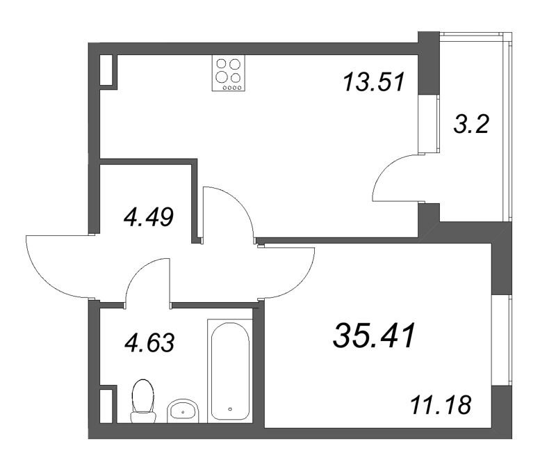 1-комнатная квартира, 35.41 м² в ЖК "Новая история" - планировка, фото №1