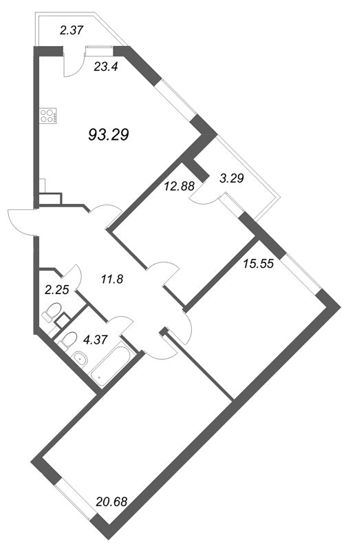 4-комнатная (Евро) квартира, 93.29 м² в ЖК "АРО" - планировка, фото №1