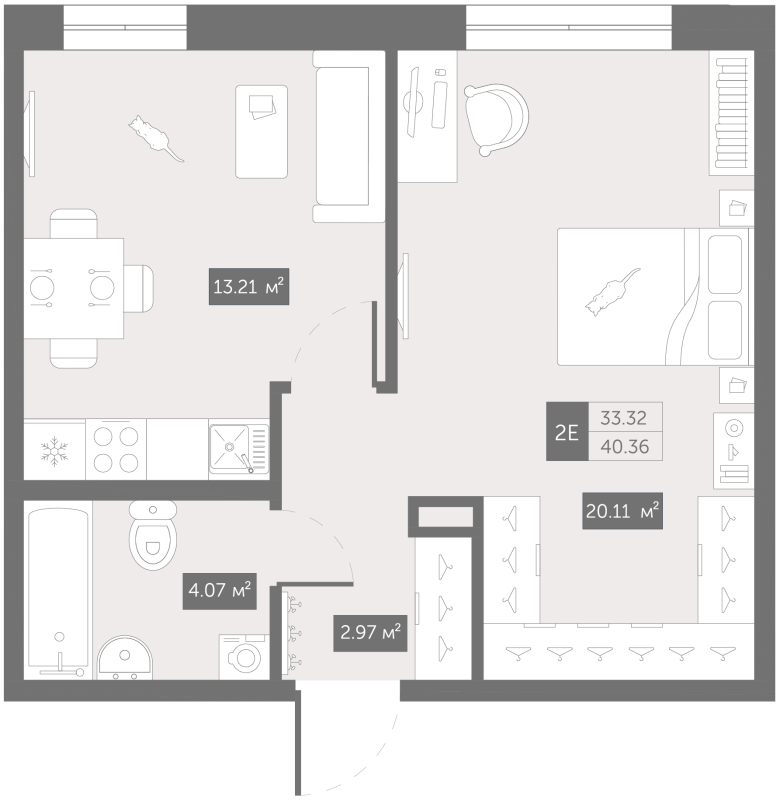 1-комнатная квартира, 41.8 м² в ЖК "Зум Чёрная Речка" - планировка, фото №1