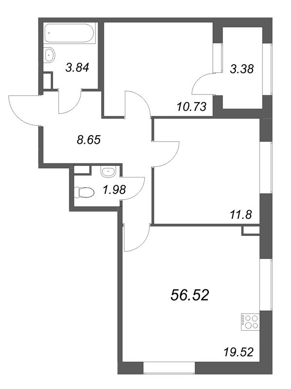 3-комнатная (Евро) квартира, 56.52 м² в ЖК "Дубровский" - планировка, фото №1