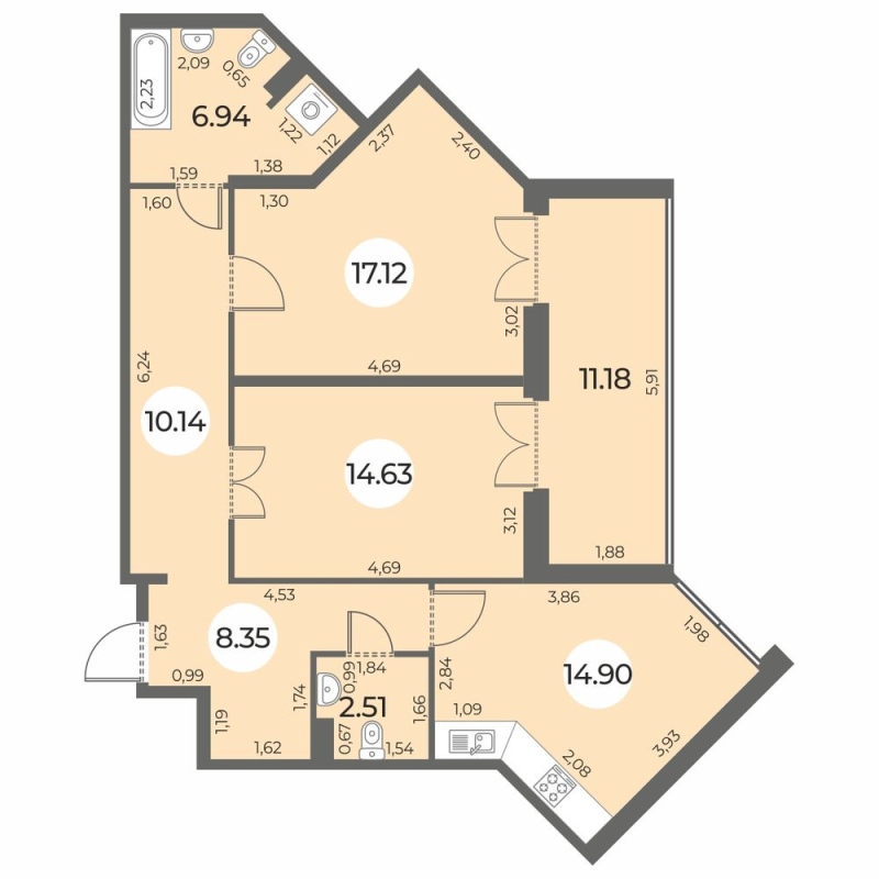 2-комнатная квартира, 80.18 м² - планировка, фото №1