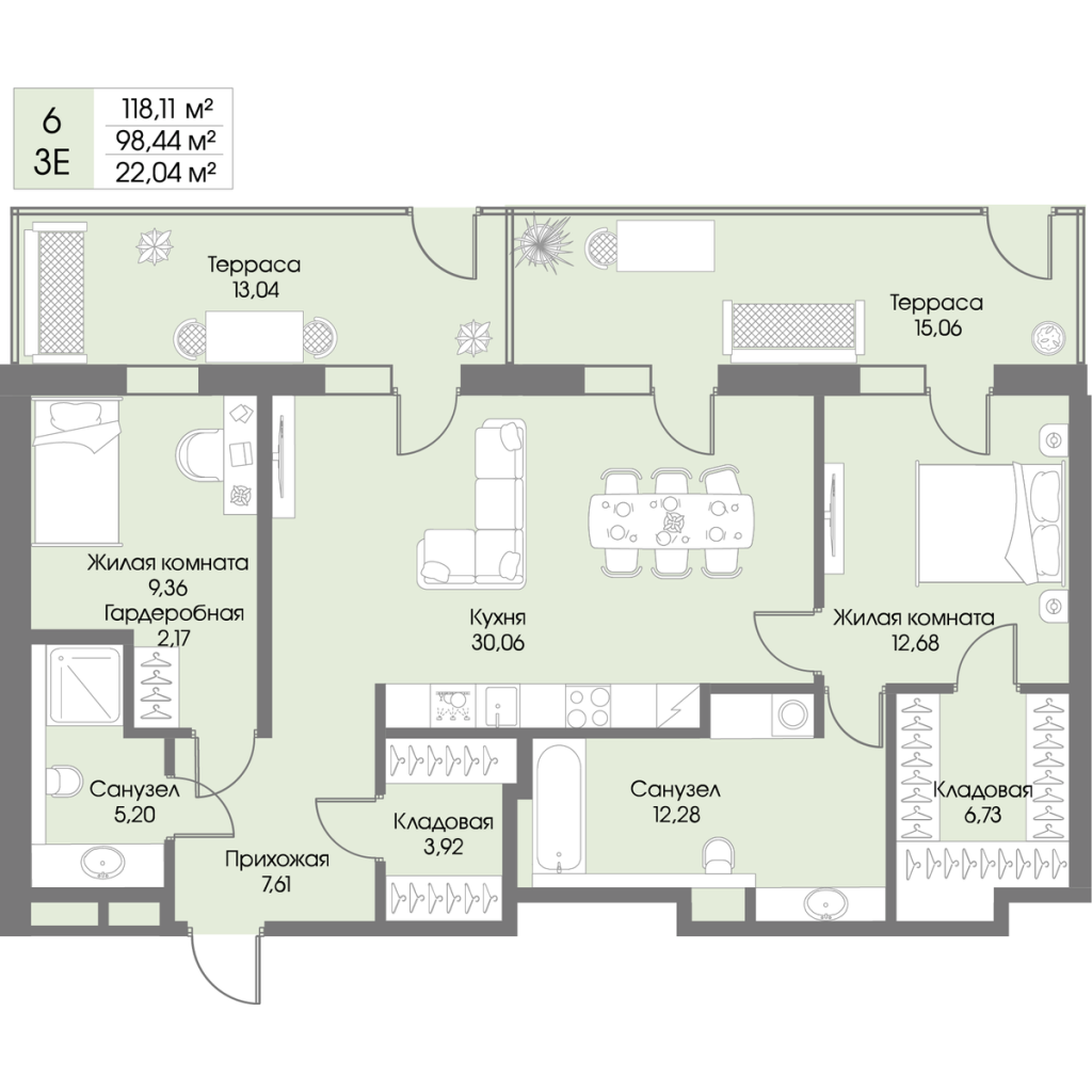 3-комнатная (Евро) квартира, 98.44 м² в ЖК "Рощино Residence" - планировка, фото №1