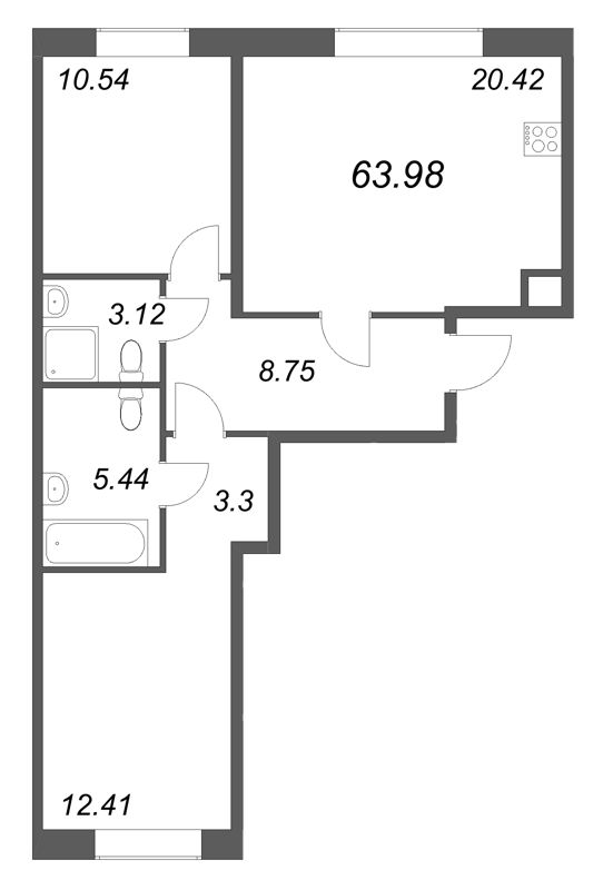 3-комнатная (Евро) квартира, 63.98 м² в ЖК "Соло. Петергоф" - планировка, фото №1