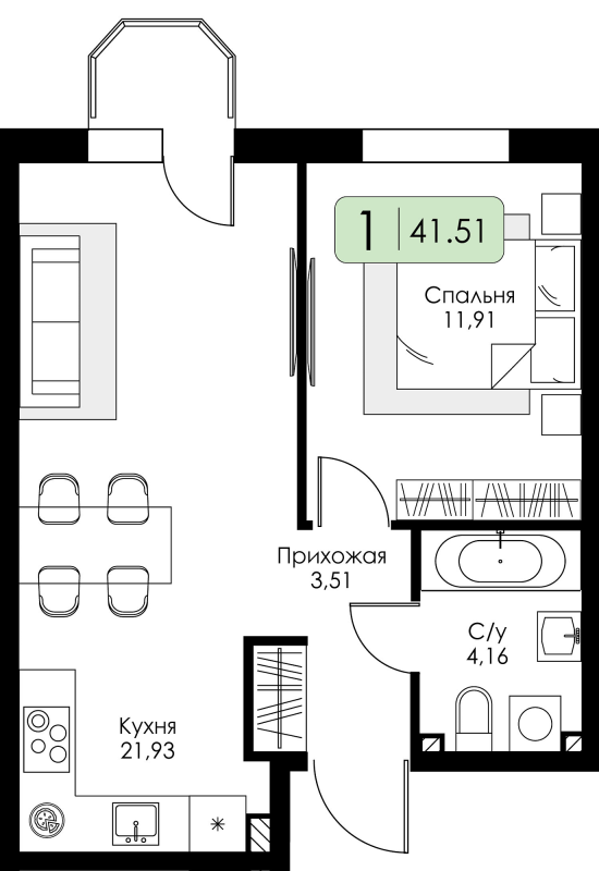 2-комнатная (Евро) квартира, 41.51 м² в ЖК "Всевгород" - планировка, фото №1