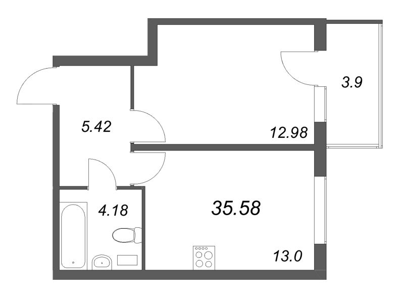 1-комнатная квартира, 35.58 м² в ЖК "Любоград" - планировка, фото №1