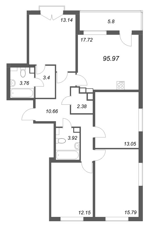 5-комнатная (Евро) квартира, 95.97 м² в ЖК "Любоград" - планировка, фото №1