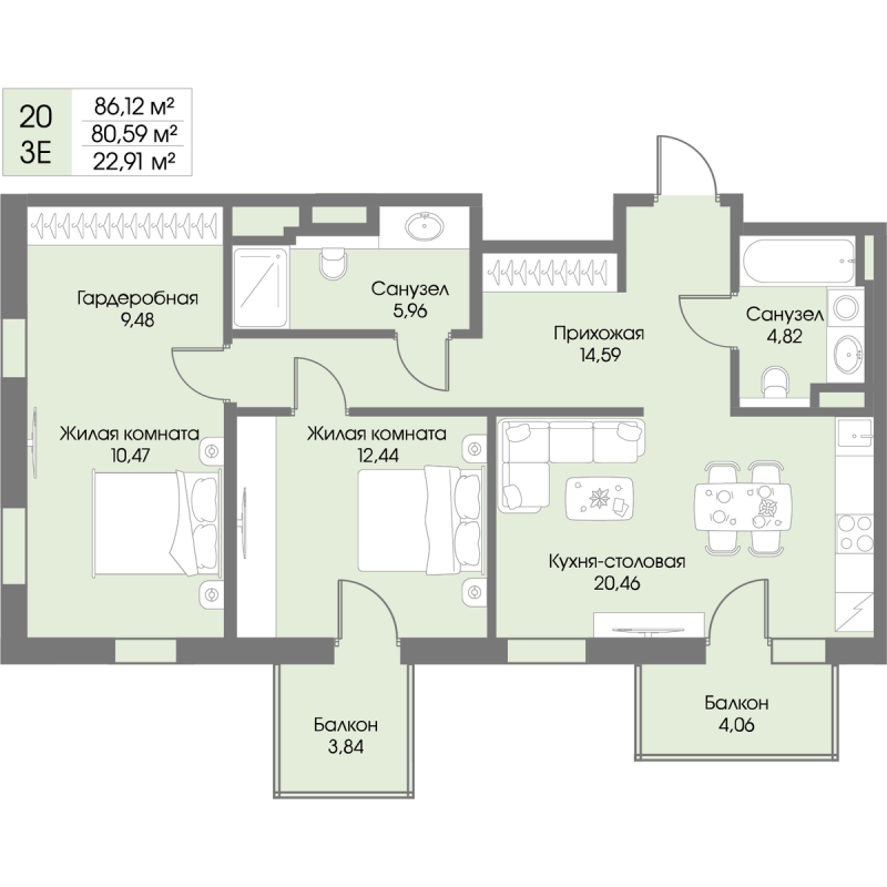 3-комнатная (Евро) квартира, 80.59 м² в ЖК "Рощино Residence" - планировка, фото №1