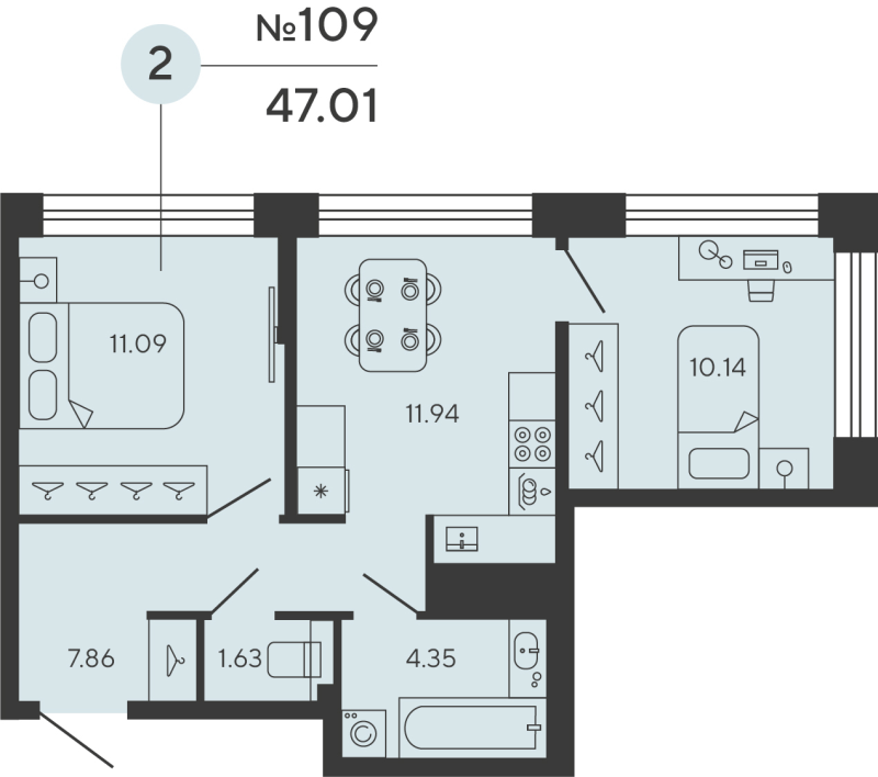 2-комнатная квартира, 47.01 м² в ЖК "Башни Элемент" - планировка, фото №1