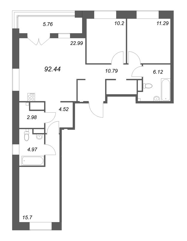 4-комнатная (Евро) квартира, 92.44 м² - планировка, фото №1