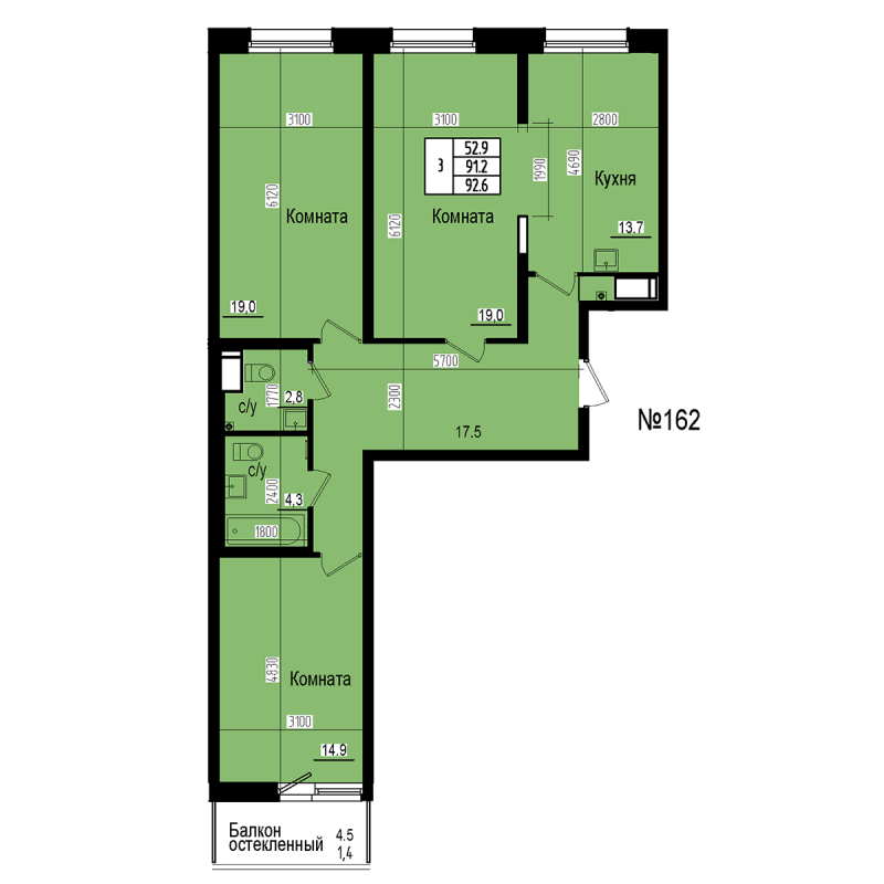 3-комнатная квартира, 92.6 м² в ЖК "ПРАГМА СИТИ" - планировка, фото №1