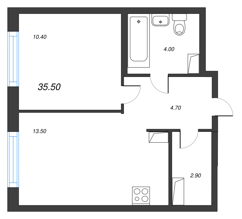 1-комнатная квартира, 35.5 м² - планировка, фото №1