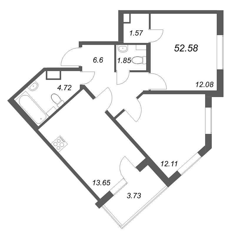 2-комнатная квартира, 52.58 м² в ЖК "Любоград" - планировка, фото №1