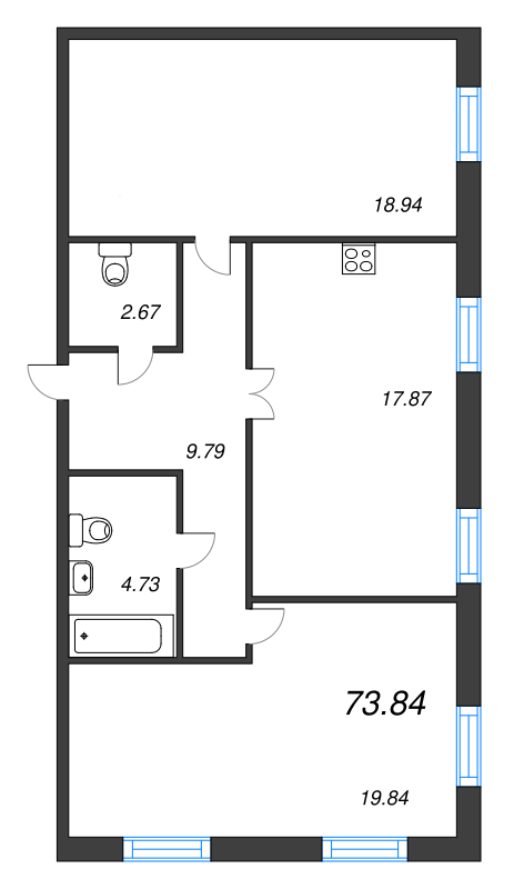2-комнатная квартира, 73.84 м² - планировка, фото №1