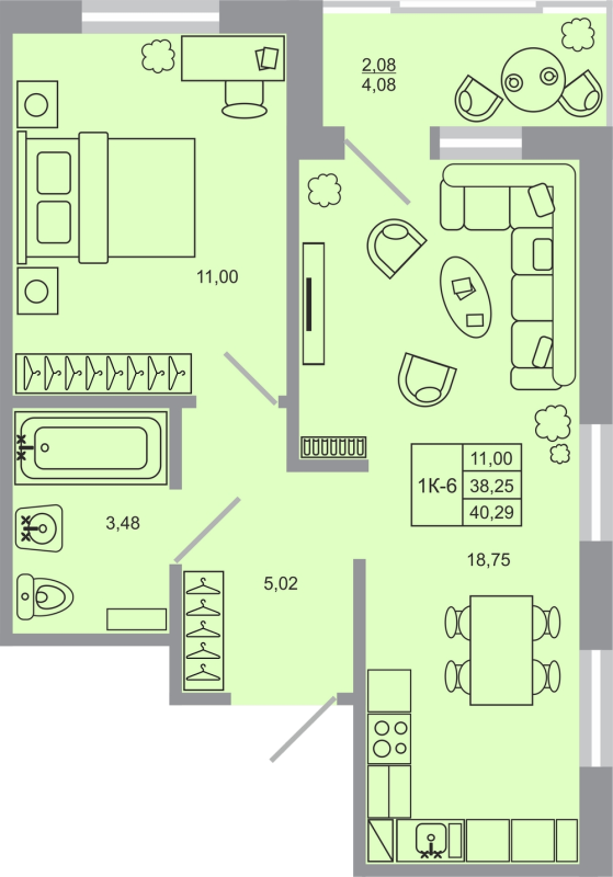 2-комнатная (Евро) квартира, 40.29 м² - планировка, фото №1