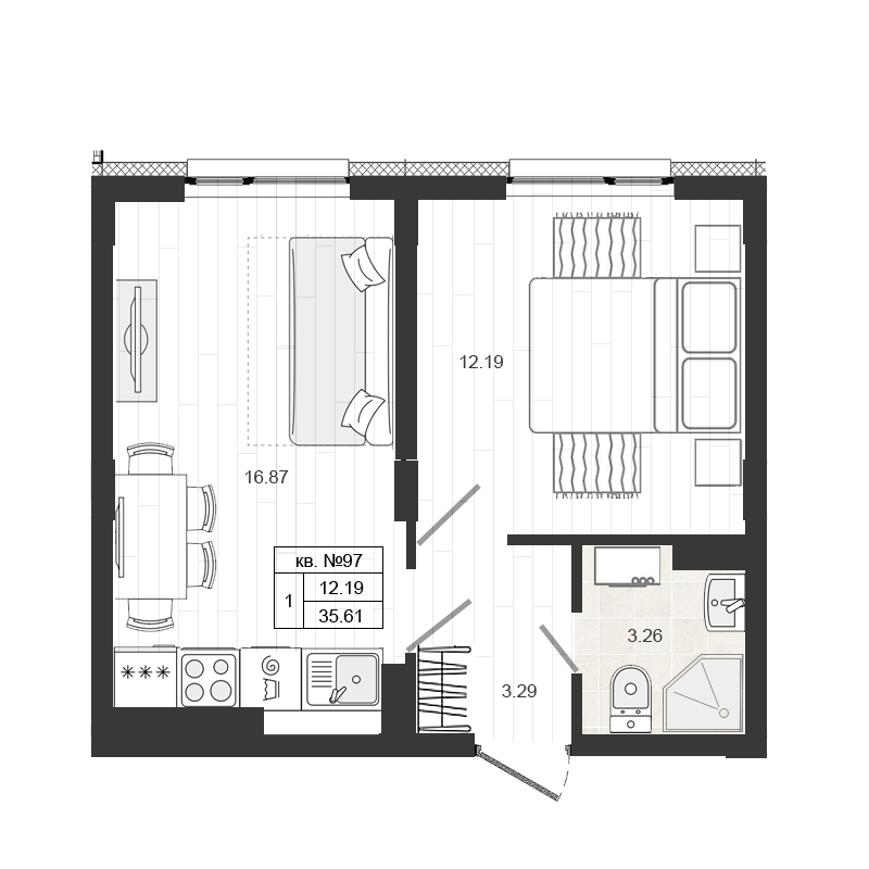 2-комнатная (Евро) квартира, 35.61 м² в ЖК "Верево-сити" - планировка, фото №1