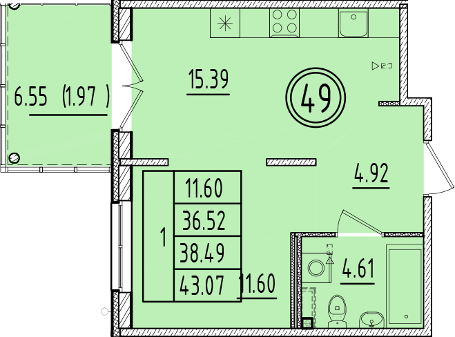 2-комнатная (Евро) квартира, 36.52 м² в ЖК "Образцовый квартал 6.4" - планировка, фото №1