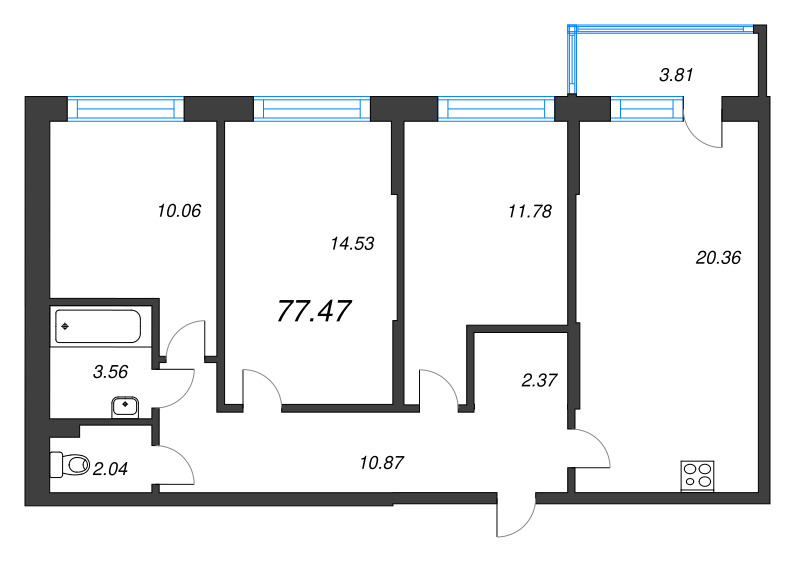 4-комнатная (Евро) квартира, 77.47 м² в ЖК "Охтинские высоты" - планировка, фото №1