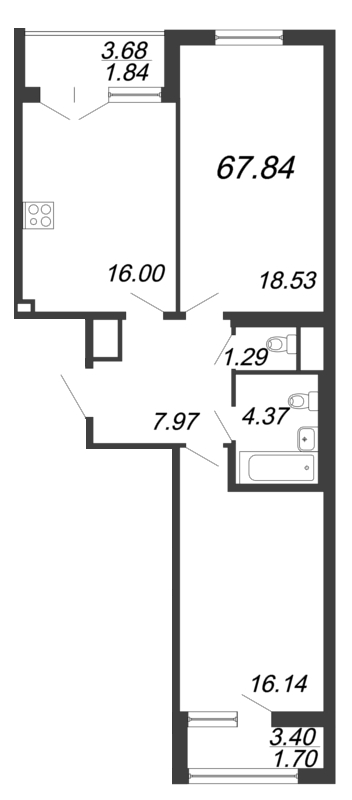 2-комнатная квартира, 67.84 м² - планировка, фото №1