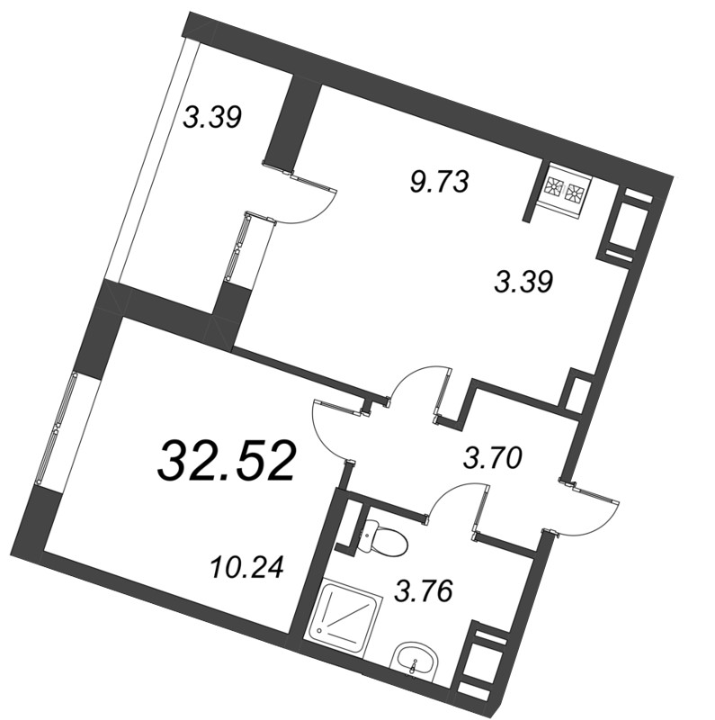 1-комнатная квартира, 32.52 м² - планировка, фото №1