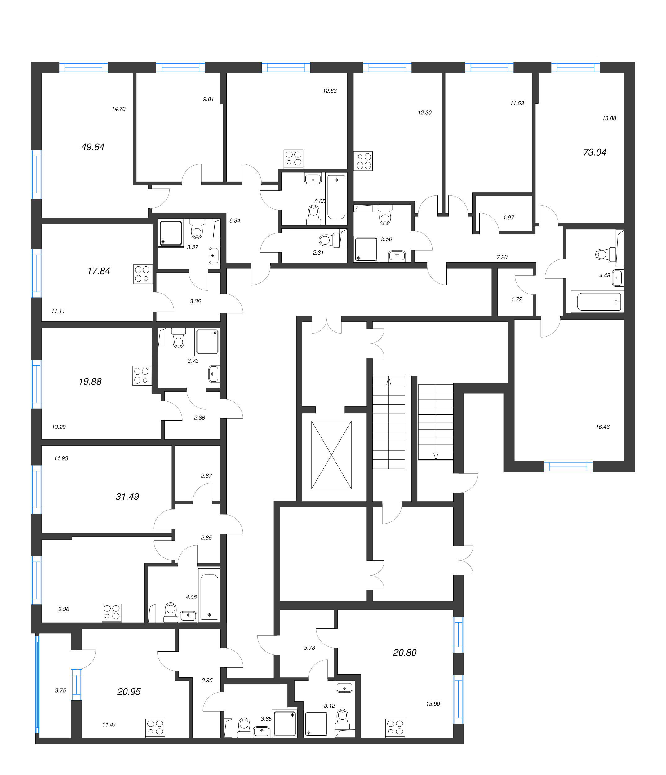3-комнатная квартира, 73.04 м² - планировка этажа