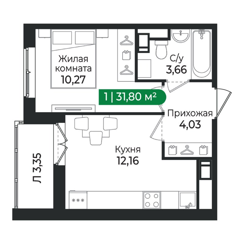 1-комнатная квартира, 31.8 м² в ЖК "Сертолово Парк" - планировка, фото №1
